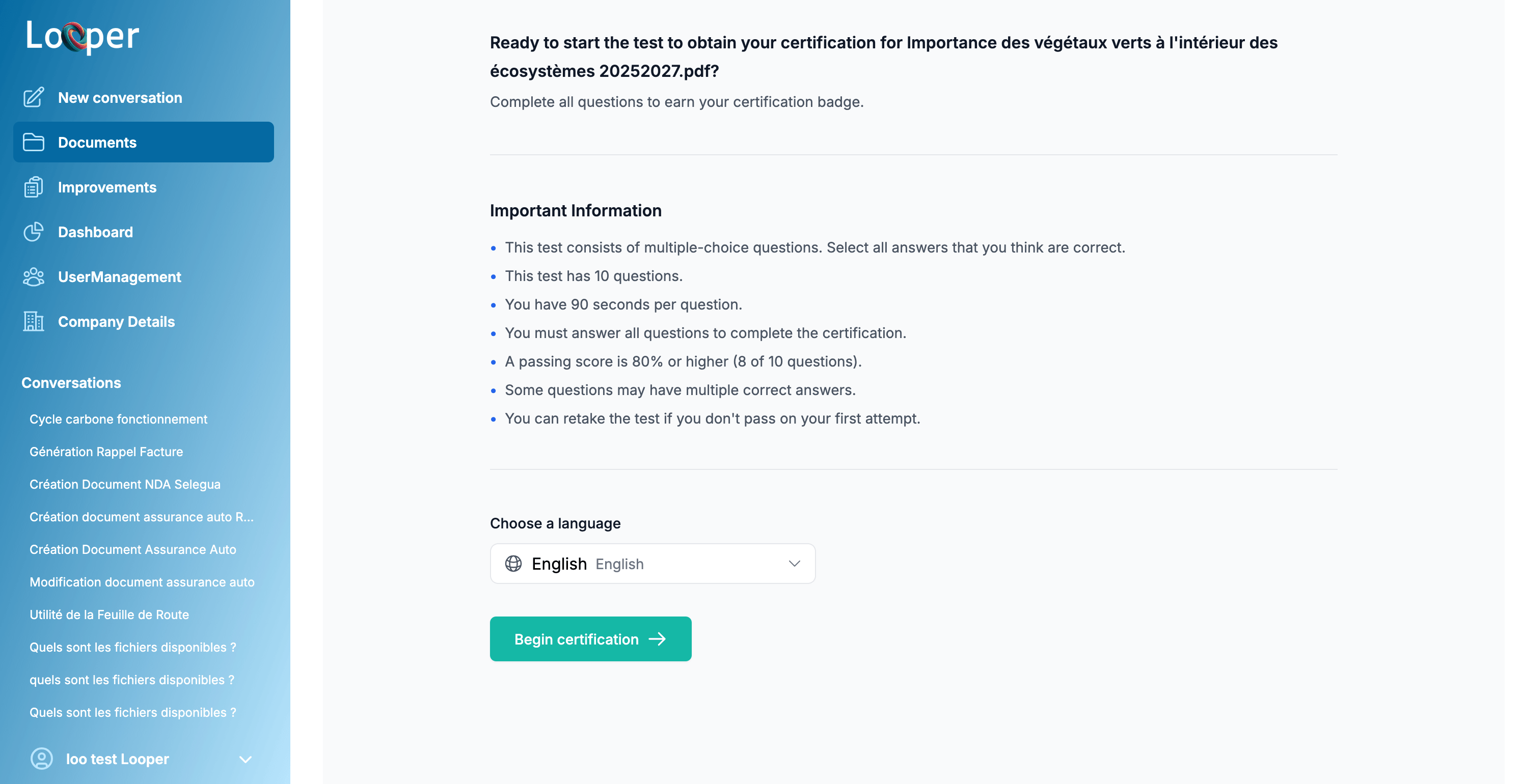 Looper-ai Certification platform interface on mobile